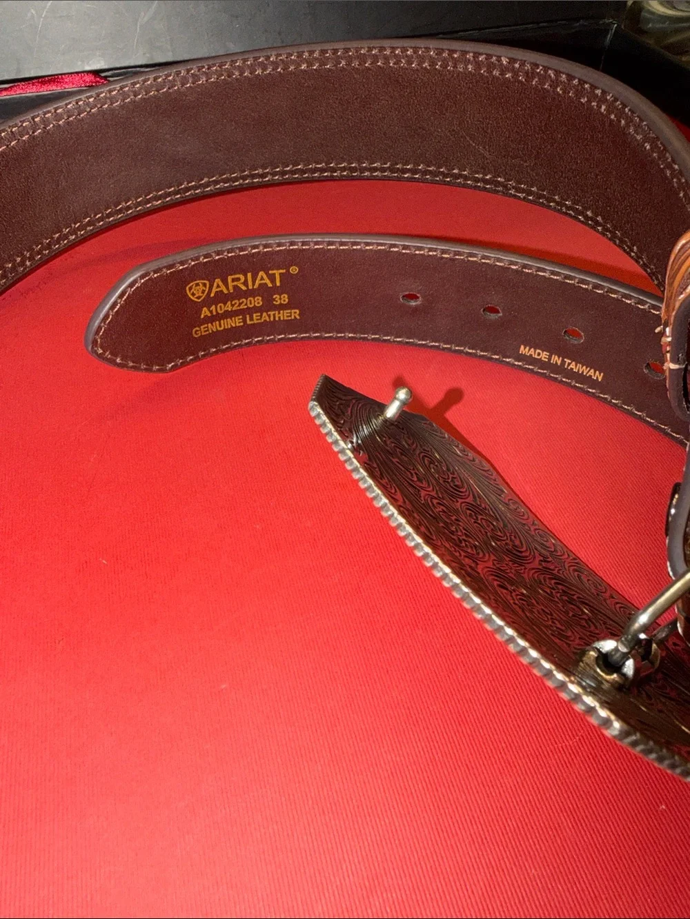 NWOT Ariat Brown Tooled Genuine Leather Belt with Silver & Gold Western Buckle - Picture 4 of 12